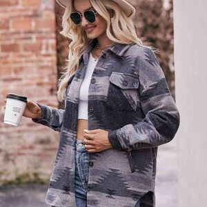 Stylish Gray Women's Jacket aztec multicolored button front oversized jacket